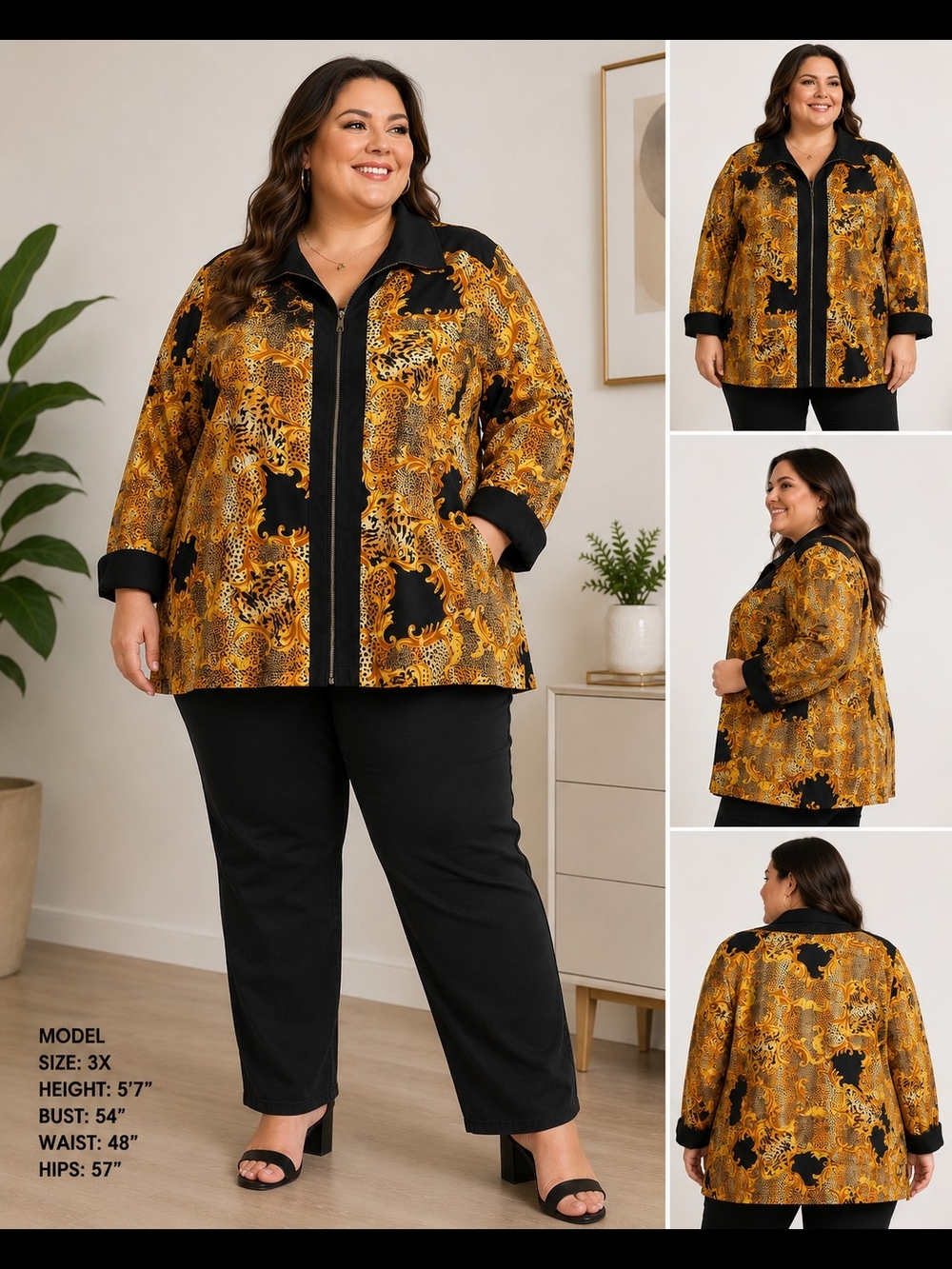 Atlantic Beach 3X Silk Animal Print Zip Front Jacket Leopard Baroque